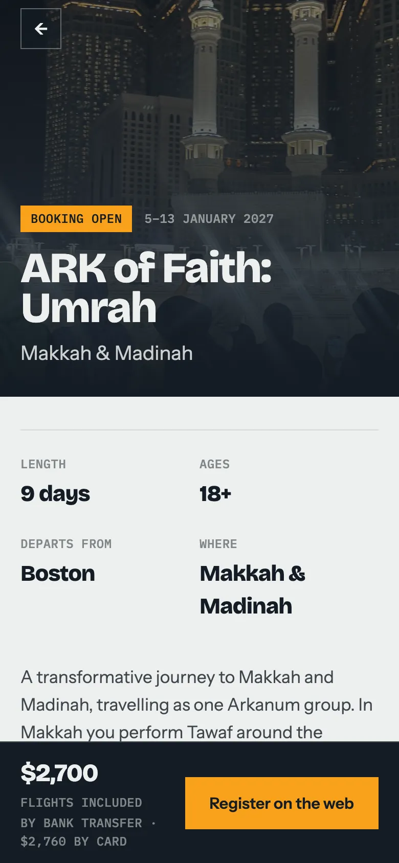 The Umrah trip in Arkanum’s companion app, with its length, ages and price