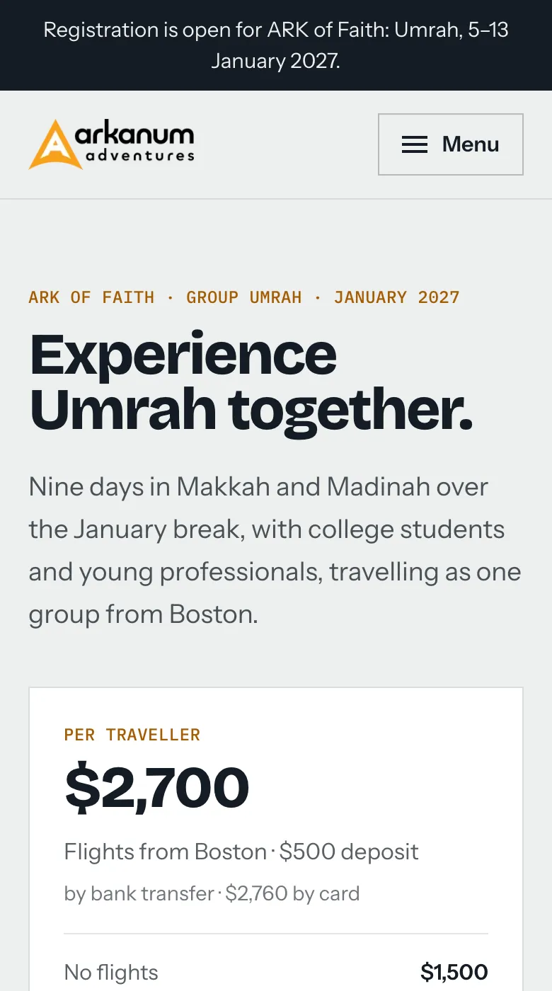 Arkanum Adventures’ Umrah trip page on a phone