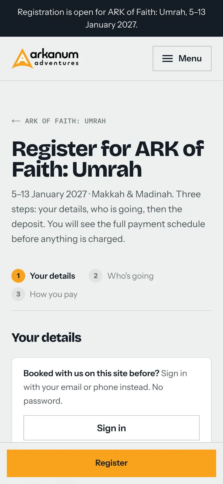 The first step of Arkanum’s registration form on a phone