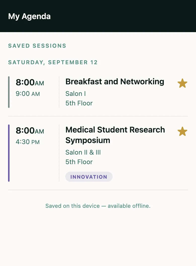 Two saved sessions in the My Agenda screen of the CDAC 2026 app