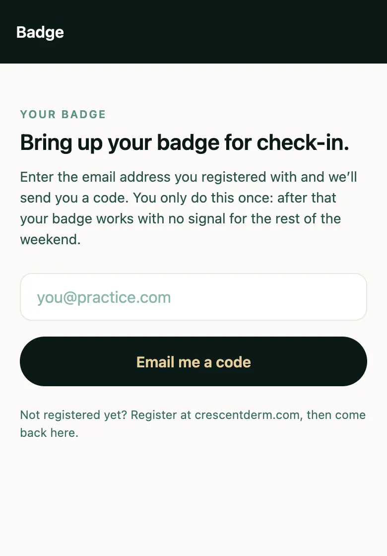 The badge sign-in screen in the CDAC 2026 app